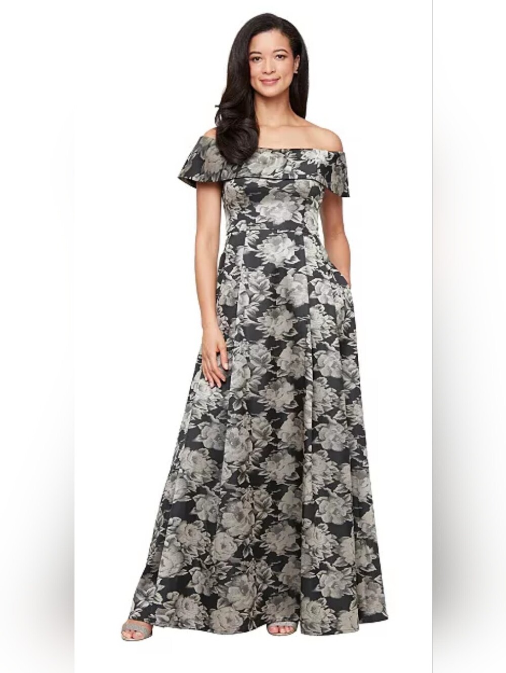 Alex Evenings Floral Printed Jacquard Long Ballgown Dress Size 12 W/ Pockets